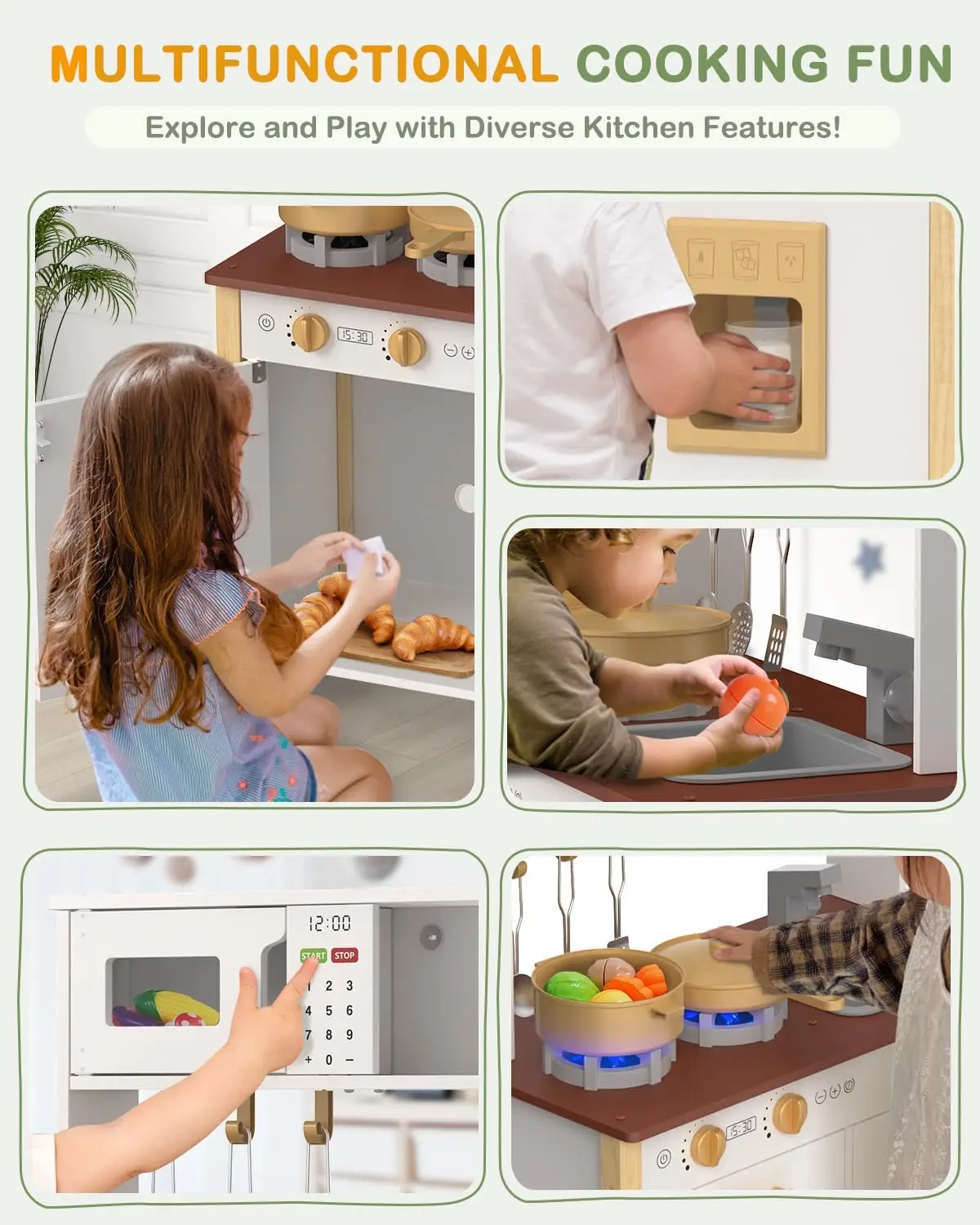 Ensemble de jeu de cuisine en bois pour enfants, lumières réelles, sons, cuisinière, évier, four, enfants à partir de 3 ans, accessoires, 30 pièces