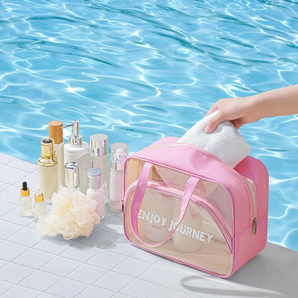 Beach Bag Clear Cosmetic Handbags Mesh Waterproof Swimming Storage Bags Portable Lightweight Bathing Wash Bags for Travel