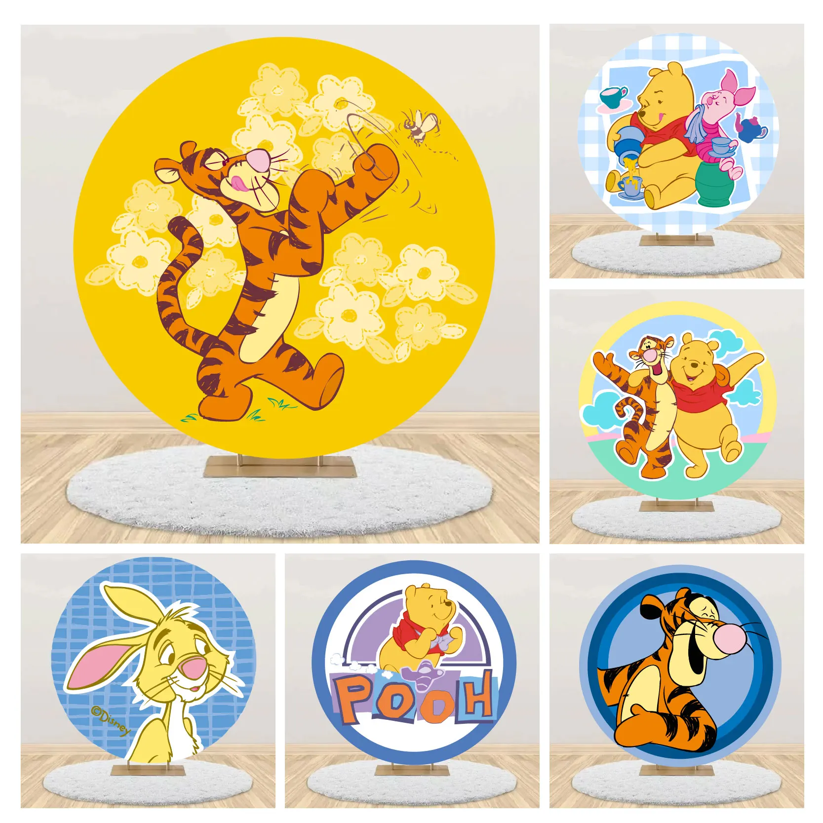 Winnie The Pooh Round Backdrop Cover Baby Shower Decoration Tigger Theme Kid's Birthday Party Background Banner Elastic Fabric