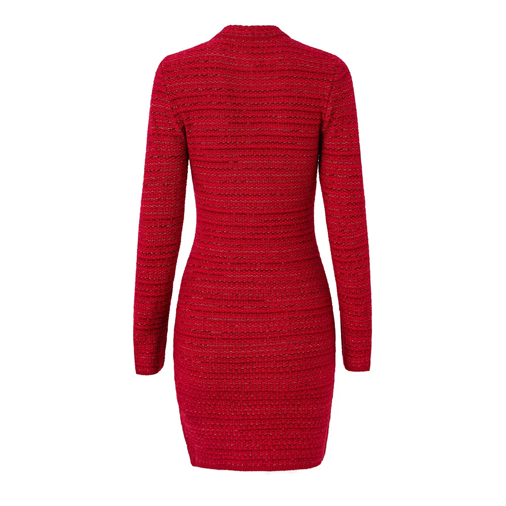 High Quality New Year Lady O-neckline Long Sleeve Designed Single-breasted Bright Thread Slim Fitted Women Knit Short Dress