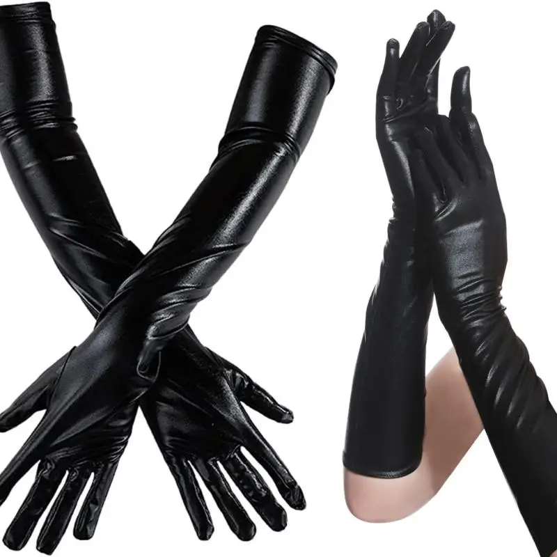 1Pair Adult Long Patent Leather Cosplay Gothic Style Nightclub Performance Gloves Halloween Costume Mountaineering Gloves