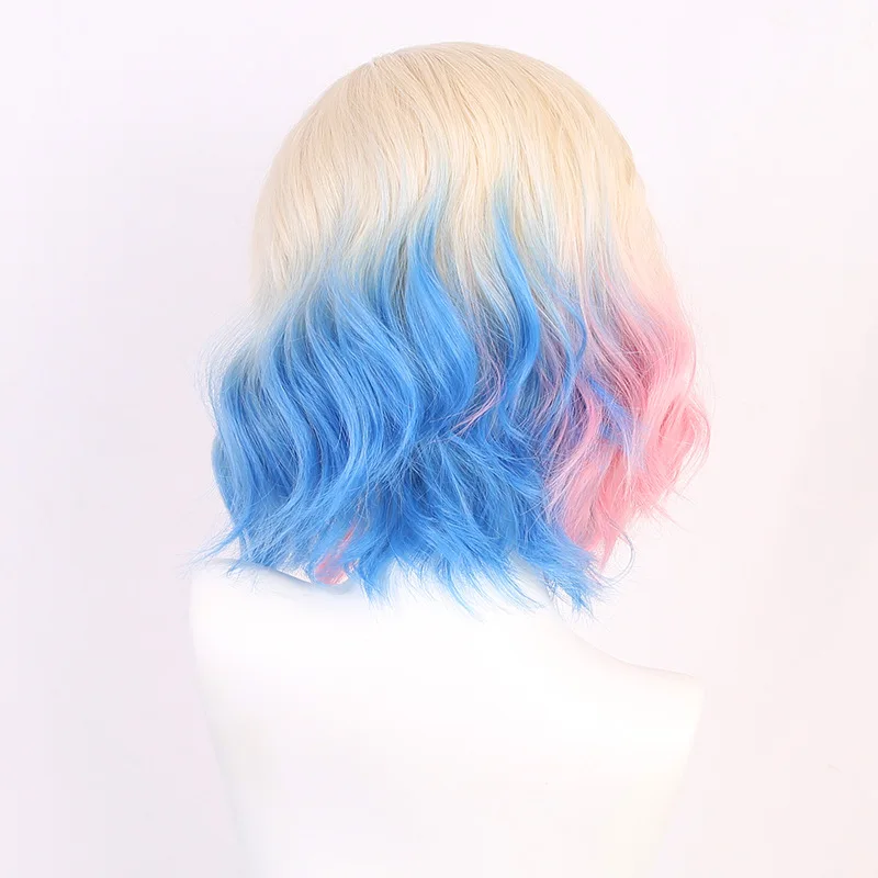 วิกผมคอสเพลย์สีฟ้าและสีชมพู แบบสั้น ลอนคลื่น อุปกรณ์เสริมผม ทนความร้อนสูง สำหรับผู้หญิง