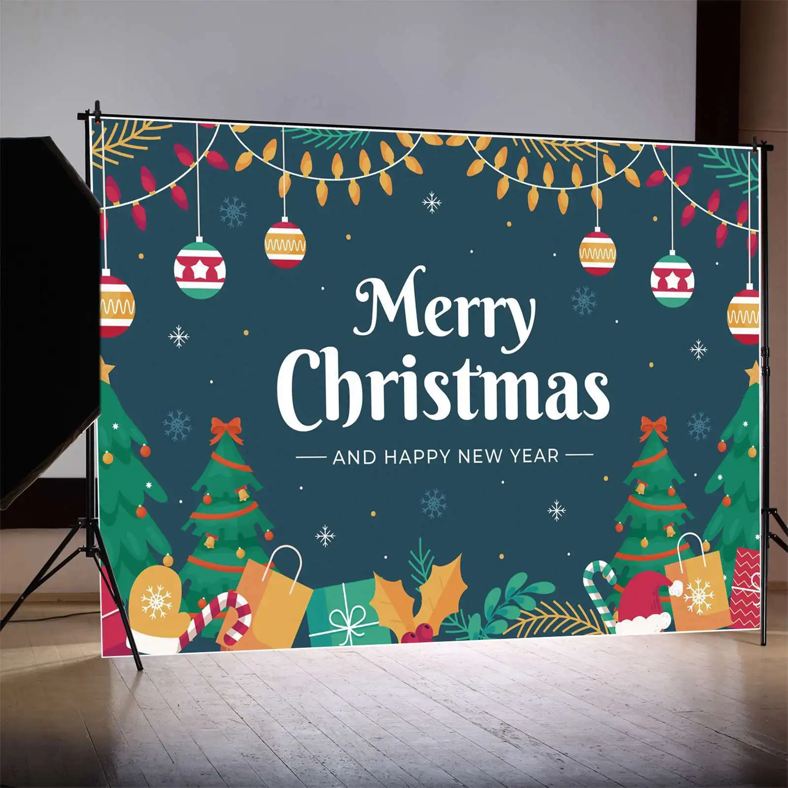 MOON.QG fondale buon natale Banner Baby Party Decoration sfondo Kid Gift Hat foglie di pino Blue Snowflake Sky Photo Booth