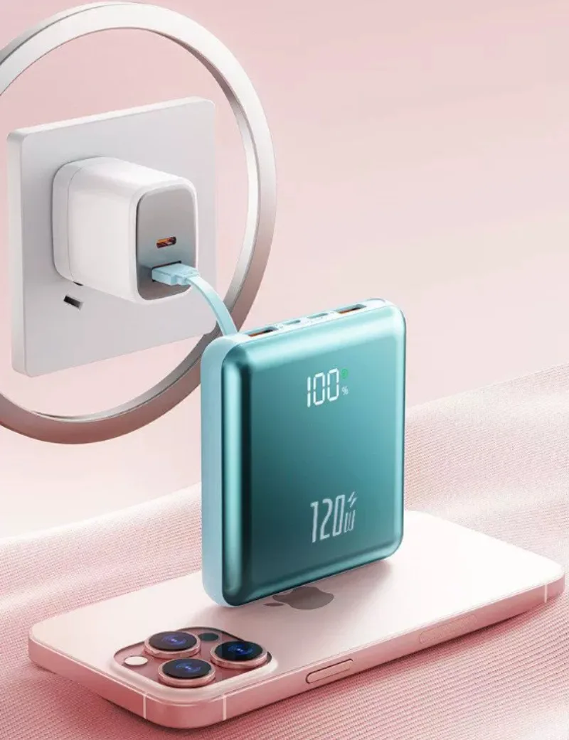 120W Fast Charge 20000mAh Power Bank, Built-in Cables Slim Portable Charger