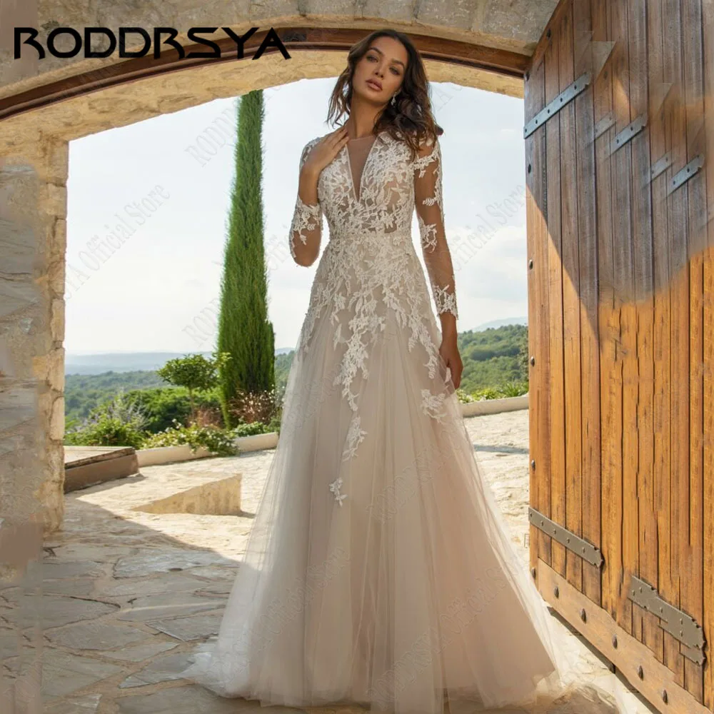 RODDRSYA 오프숄더 O넥 웨딩드레스 긴팔 패치 클래식 아사 A자 맞춤 웨딩드레스 Vestido De NoviaRODDRSYA 백리스 O-넥 웨딩 드레스, 긴 소매 아플리케, 클래식 얇은 명주 그물 A 라인 맞춤 제작 신부 가운