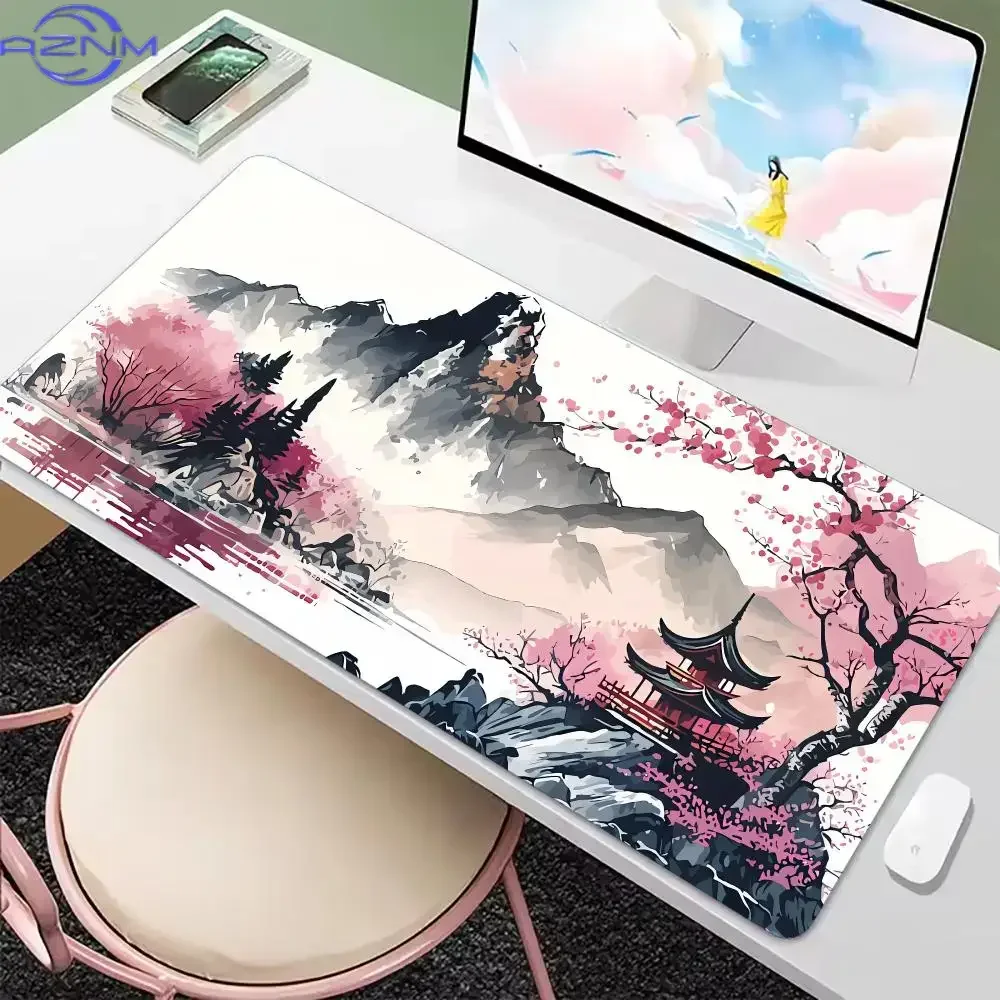 Chinese Ink Painting Plum Blossom XXL Mouse Pad Non Slip Rubber Base HD Print Oversized Desk Mat for Oriental Desktop Mat