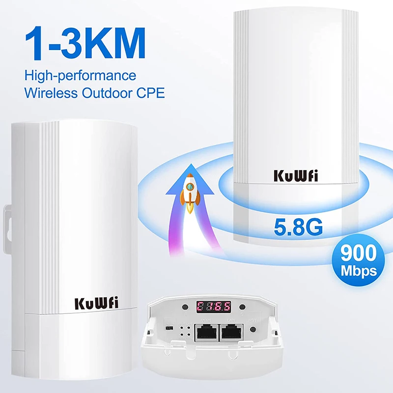 KuWFi 5.8G 무선 브리지 900Mbps WiFi 야외 CPE PTP 장거리, 24V PoE 전원, IP65 방수 AP + 리피터 모드 1-3km 