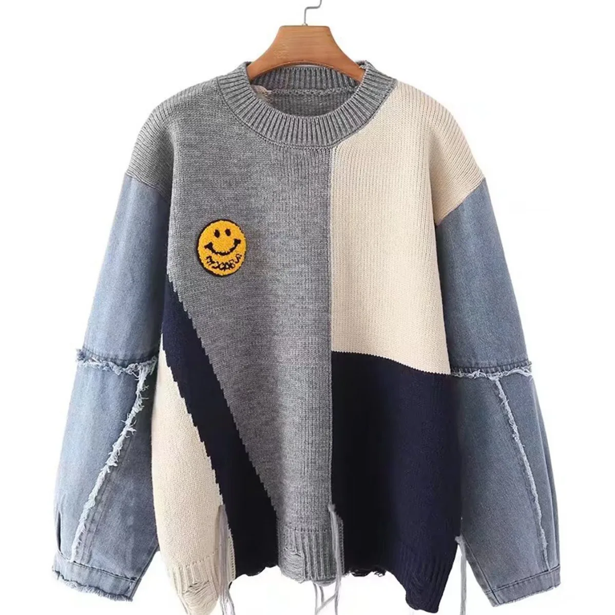 OMCHION Sueter Feminino 2023 Korean Style Women Embroidery Sweater Casual Loose Elegant Smile Demin Patchwork Pullover