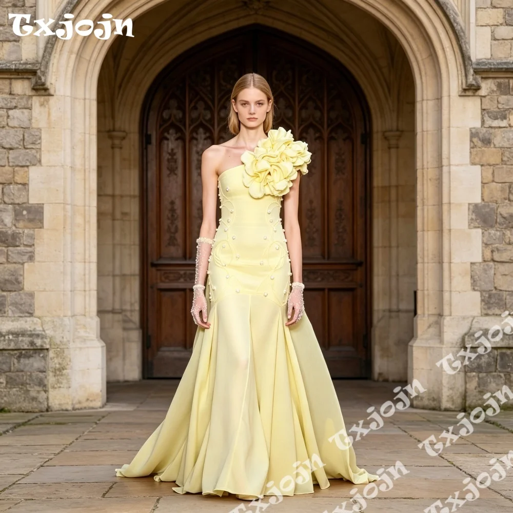 

Luxury Lemon Yellow One Shoulder Floral Applique Evening Gown Formal Dress For Women Bridesmaid Birthday Wedding Guest No Gloves