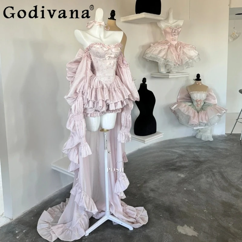 

Heavy Industry Elegant Girl's Pink Princess Dress Summer Sweet Cute Bow Strapless Lace Ball Gown Dresses Slim Mini Sexy Dress