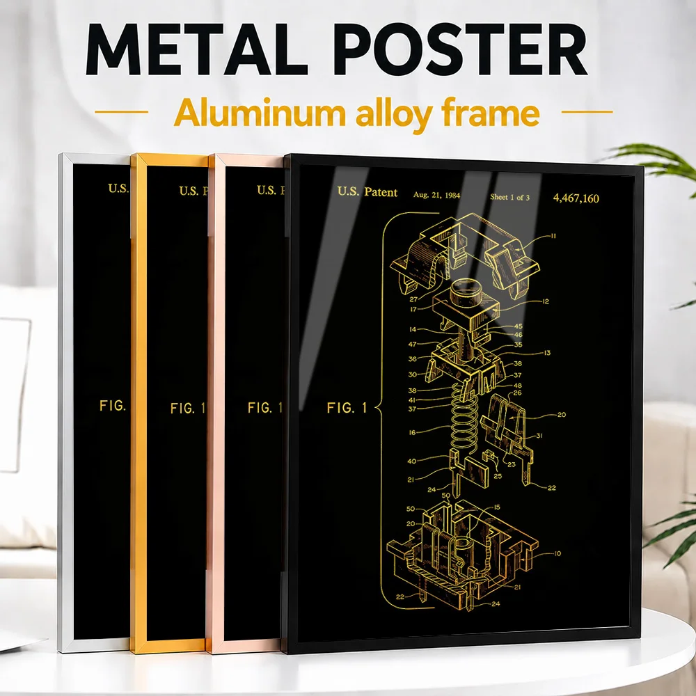 Mechanical Keyboard Switch Patent Blueprint Framed Metal Print Customized Photo Industrial Drafting Style Wall Art For Library