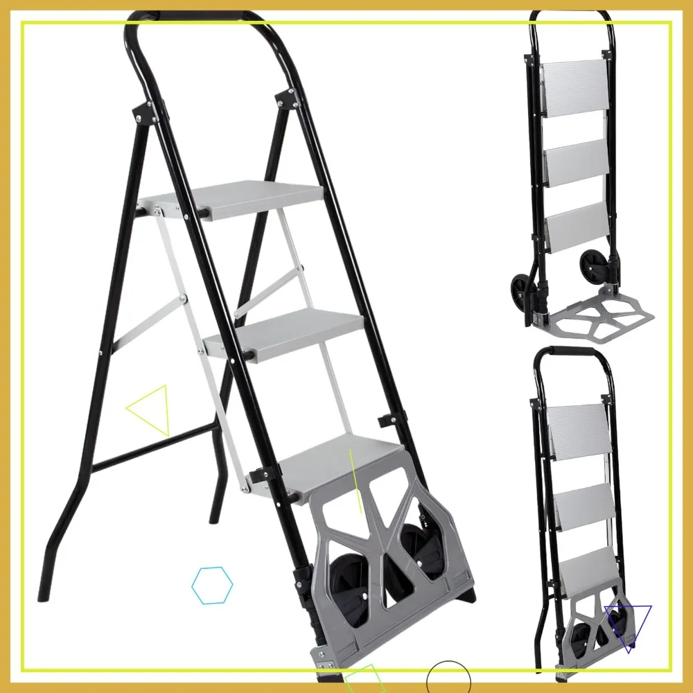 

2-in-1 Hand Truck Step Ladder, Multi-Functional Foldable Dolly Cart & Step Stool for Home, Office, Garage (3 Step, Black-Silver)