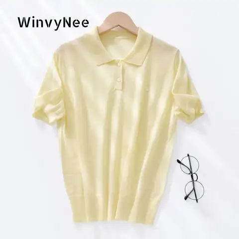 WinvyNee Women's Basic Casual Top Spring Summer Worsted Wool Short Sleeve Polo Collar T-Shirt Double Button Daily Wear ZA1317006