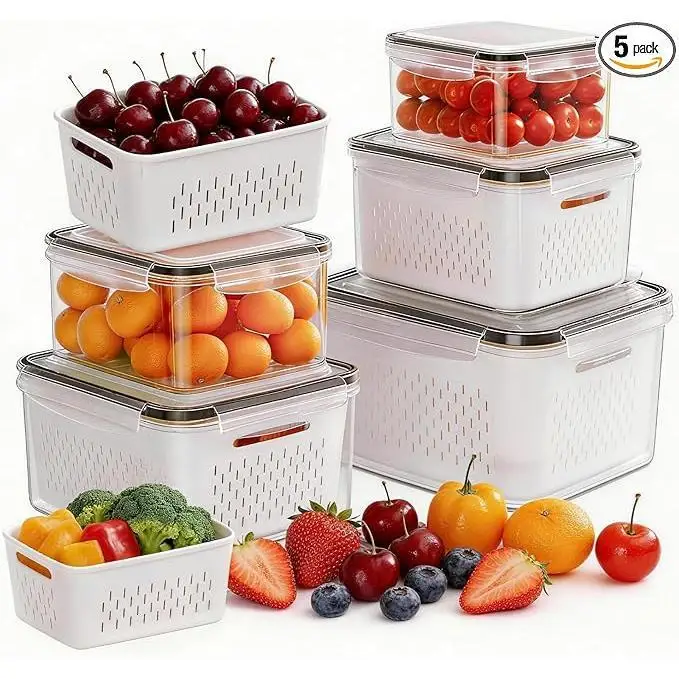 5Pcs Refrigerator Food Storage Containers with Removable Drain Colander Stackable Fridge Organizer Box BPA-Free Fresh Produce Keeper for Fruit Salad Berry Lettuce Vegetable Meat Kitchen Accessories