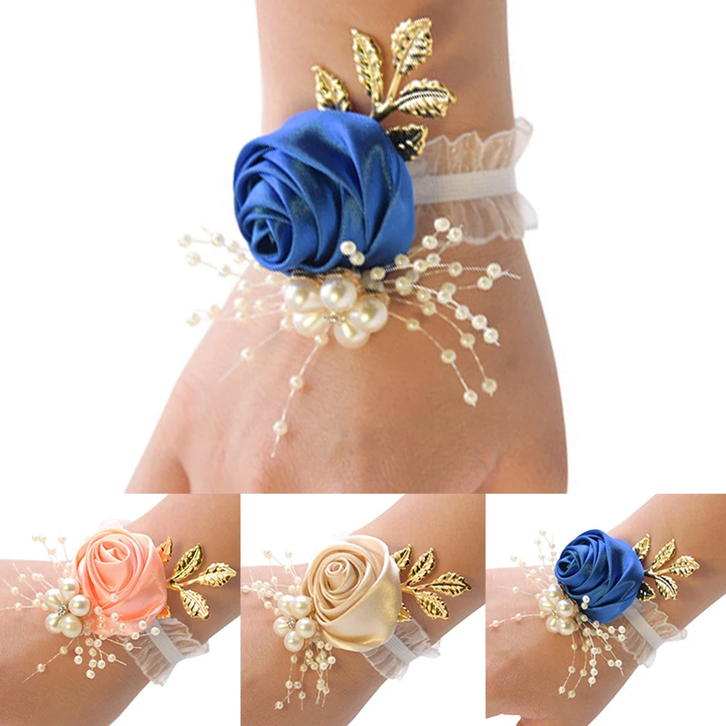 Bridal Wrist Corsage Silk Rose Wedding Hand Flower Wristband Bracelet For Bridesmaid Girls Jewelry Party Marriage Accessory