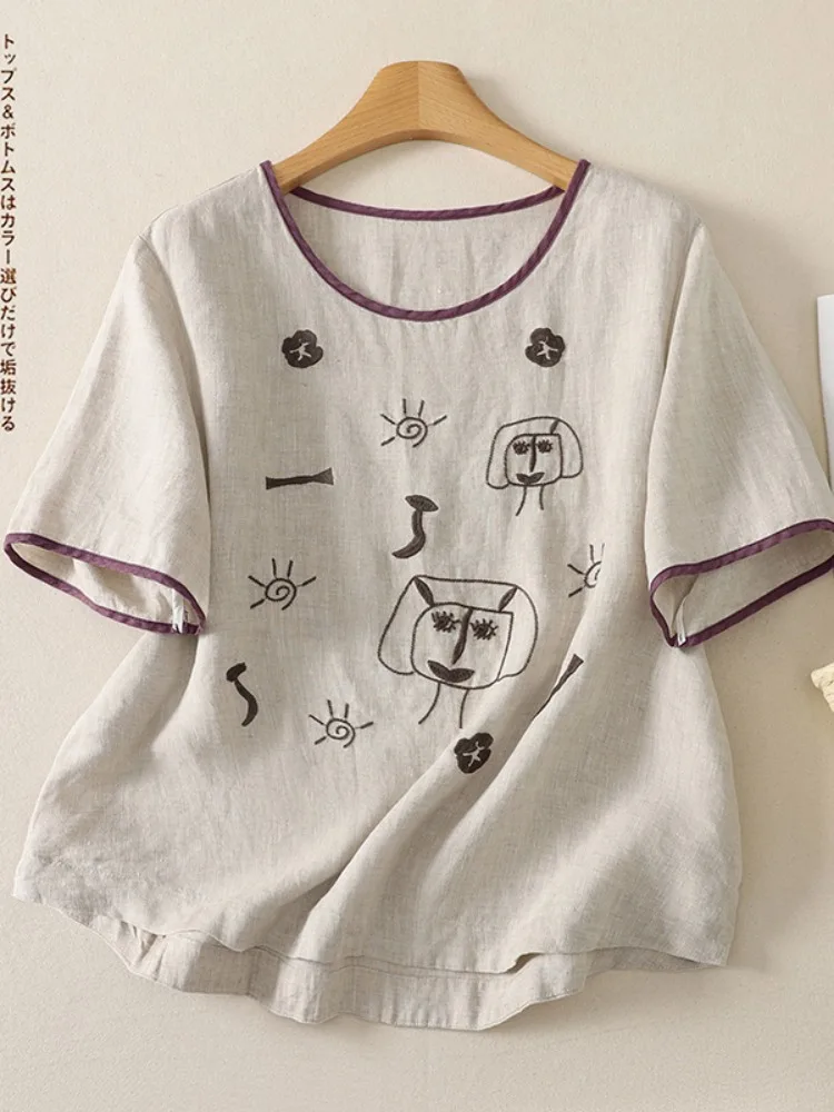 

Retro Linen Graffiti Embroidery round Neck Short Sleeve T-Shirt Women Summer Large Size Belly Cover Slim Fit Overhead Half Sl...