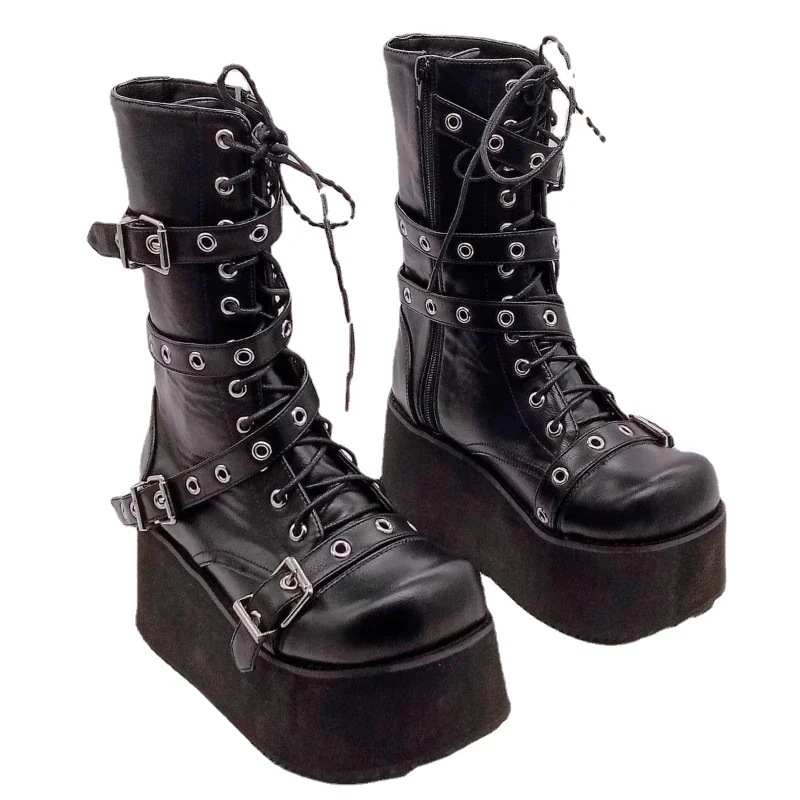 Women\'s Black Punk Couture Platform Boots Round Toe Belt Buckle Side Zipper Gothic Cosplay Pumps Autumn Shoes for Women