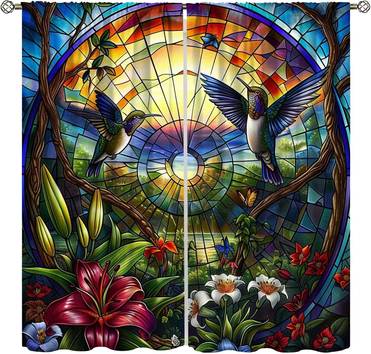 Vibrant Tropical Hummingbird Stained Glass Curtains Polyester Window Panel Art Deco Floral Nature Wildlife Home Decor Curtains