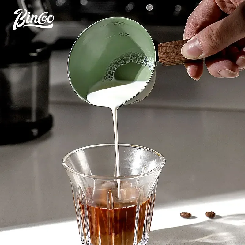 

Bincoo Espresso Measuring Cup with Wooden Handle - Stainless Steel Milk Frothing Pitcher with Measurement Scale for Coffee