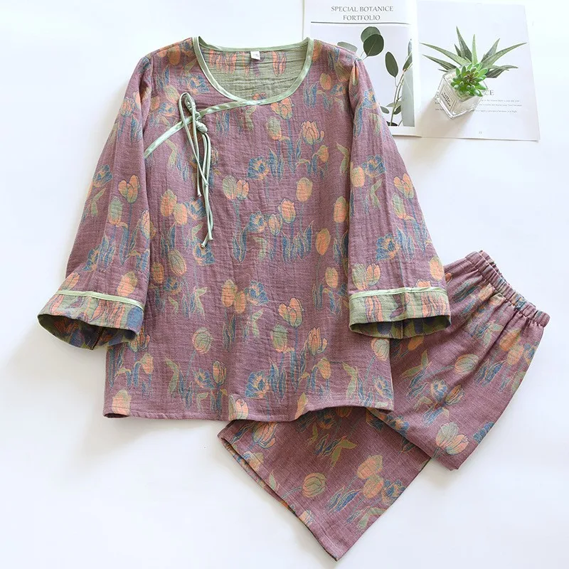 2024 Chinese Pajama Women‘s Cotton Gauze Jacquard Seven-point Sleeve Retro Home Service Suit Spring / Summer Loungewear 2 Piece