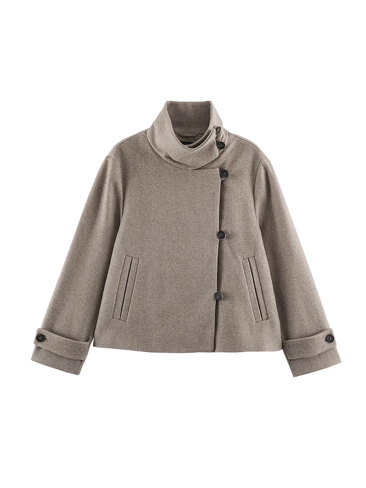 Women Double‑Layer Stand Collar Cropped Wool Blend Jacket Asymmetric Button Placket Long Sleeve Cuff Strap Trim Pockets