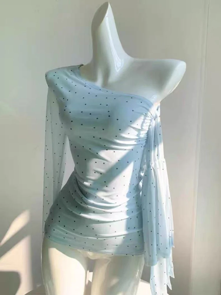 

Сексуальная женская футболка с вырезом-лодочкой и сеткой, летняя, в корейском стиле, светло-голубая, с лентами, базовый топ Y2K, милый, в стиле преппи, универсальная, в горошек, облегающая футболка