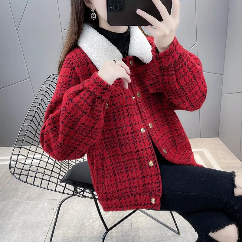 

New Winter Fashion Plaid Patchwork Lamb Coat Women's Imitation Mink Knittin Cardigan Female Jacket
