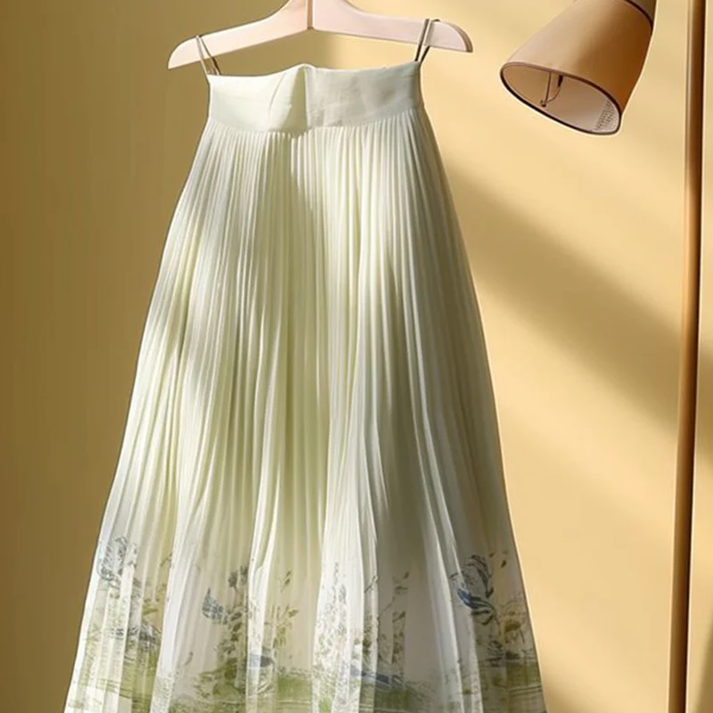 Spring Summer All-match Printing High Waist Skirts Ladies Fashion Office Lady Pleated A-line Skirt Women Natural Scenery Skirt