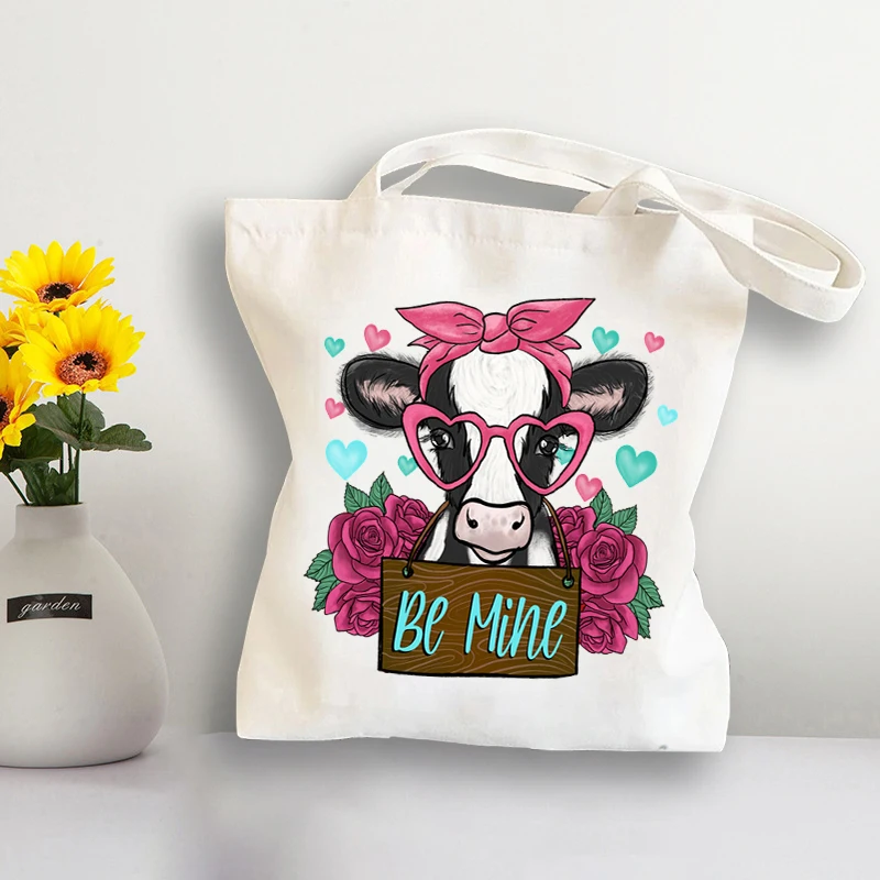 Kawaii Farm Animals Shoulder Bags Portable Punk Teenager Hiking Trekking Bags Grocery Fashion Rose Cow Ins CanvaBags Girls