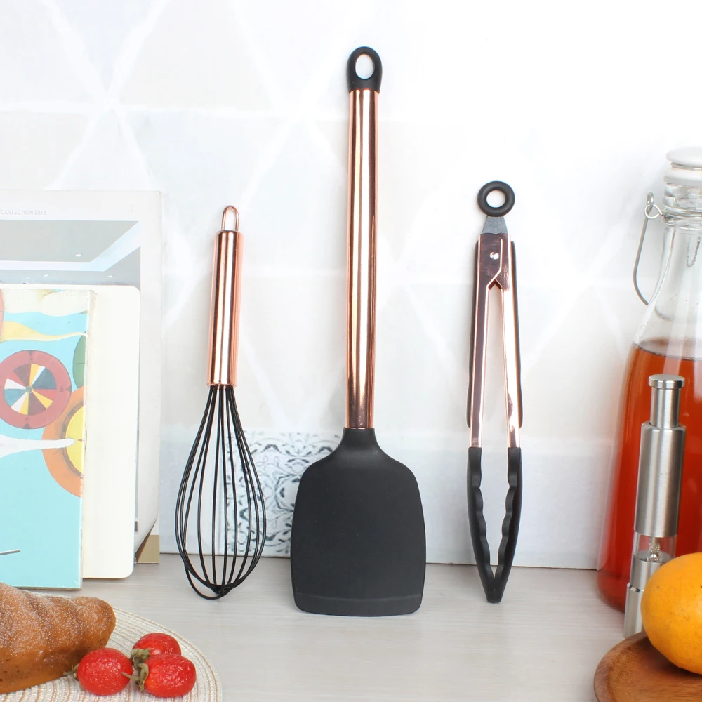 Rose Gold Kitchen Utensils Set Silicone Turner Tongs & Whisk Heat Resistant Gold-plated Stainless Steel Handle for Cooking BBQ