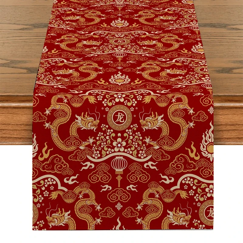 VIKAMA Red Chinese Dragon Cloud Table Runner, Linen Washable Table Scarf Spring Festival Lunar New Year Dining Decor