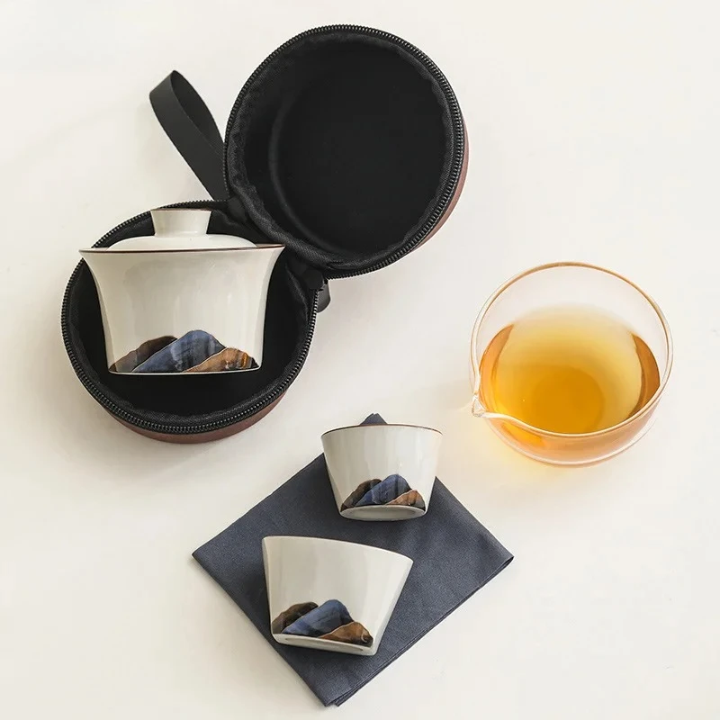 Mountains and Rivers Grass and Wood Ash Travel Tea Set Portable Outdoor Camping Ceramics One Pot and Two Cups Express Cup