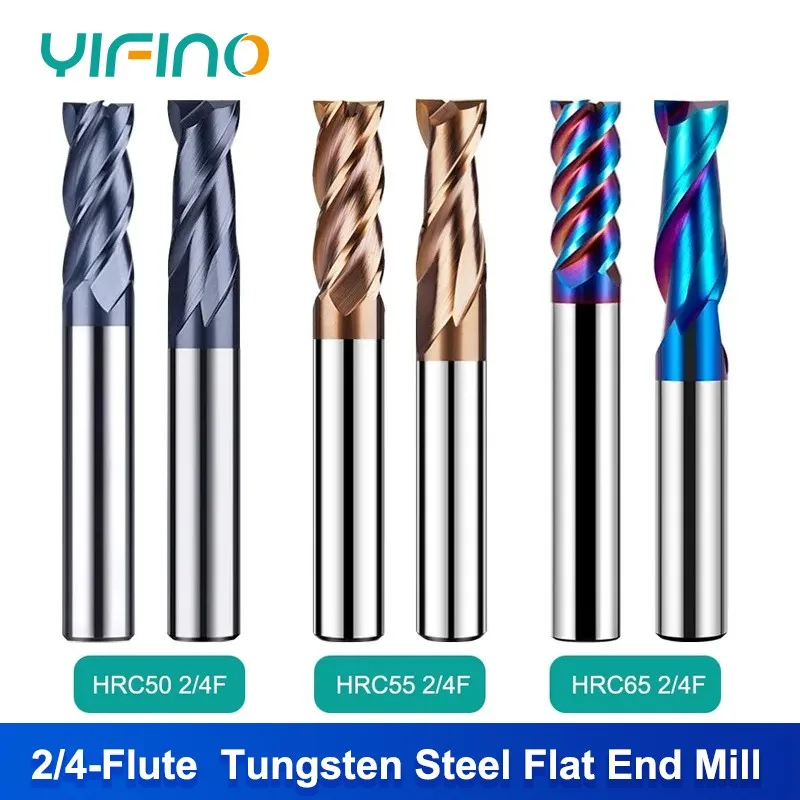 YIFINO HRC50/55/65 Tungsten Steel Carbide 2/4-Flute Flat End Mill For Steel CNC Mechanical Processing Center Milling Cutter Tool