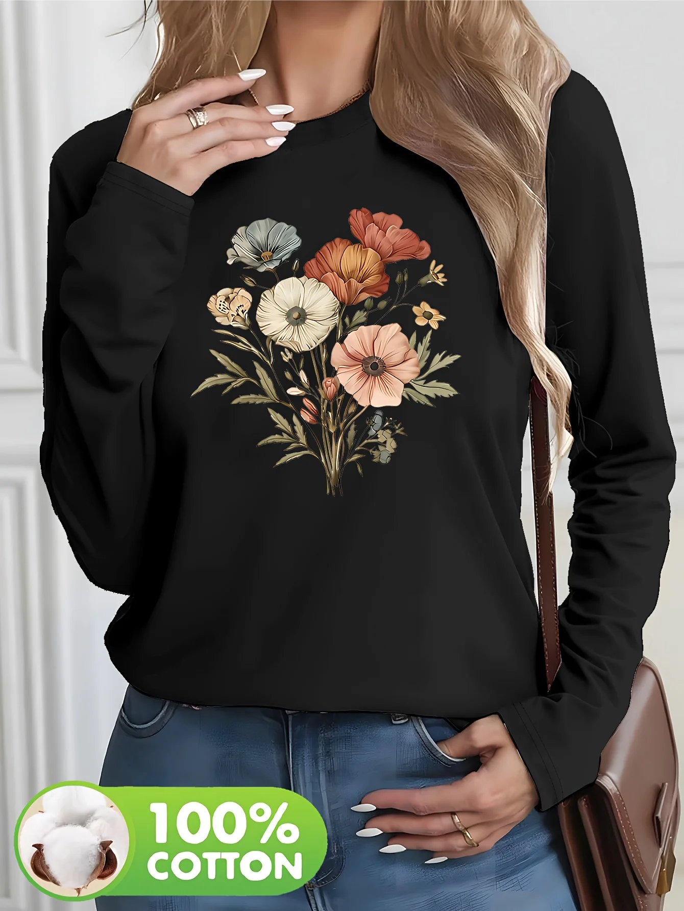 Casual Long Sleeve 100% Cotton T-Shirt with Vibrant Floral Print All-Season Trendy Top Printed Top Fashion Lovers T Shirt
