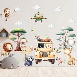 Kawaii Cartoon Forest Animals Wall Stickers for Kids Boys Girls Baby Room Decoration Giraffe Monkey Car Wallpaper Self-adhesive