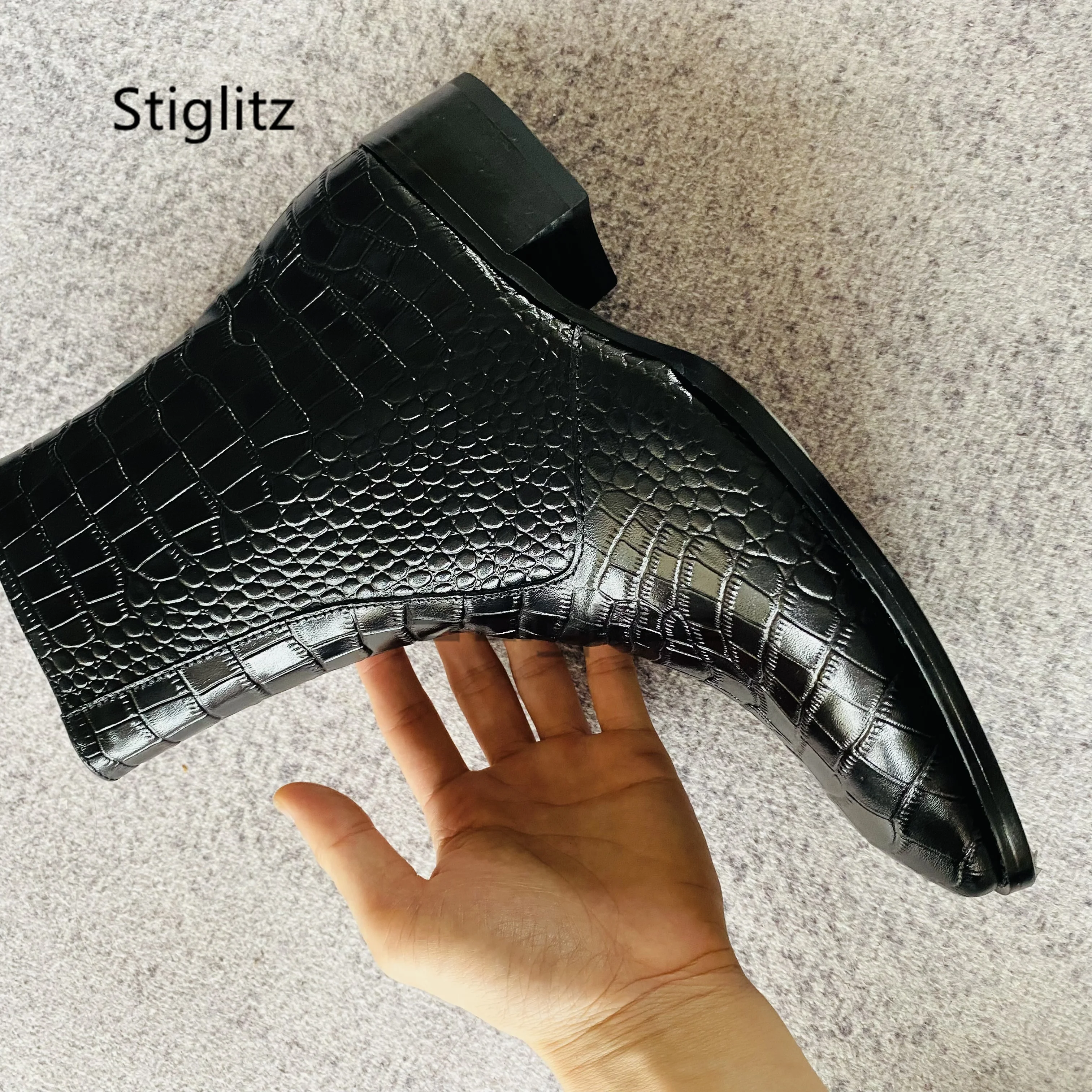 Alligator Leather Ankle Boots for Men Genuine Leather Zip Pointed Toe Thick Heel Black Chelsea Boots Business Dress Male Shoes - view 3