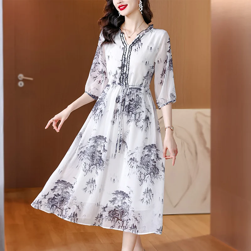 Women Beach Floral Silk Casual Dress Summer Chinese Style Boho Fashion Elegant Midi Vestido 2025 Korean Luxury Dance Party Dress