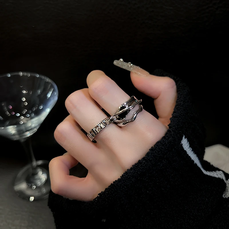 Irregular Punk Rings For Women Y2K Aesthetic Vintage Stone Rings Fashion Egirl Geometric Open Rings Trendy Jewelry Gift 2023 New