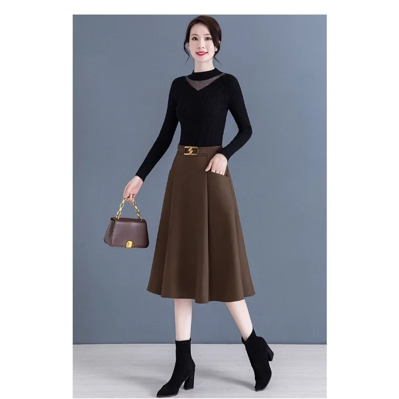 

Women's wool skirt 2025 new mid-length pleated high-waisted large hem skirt thick