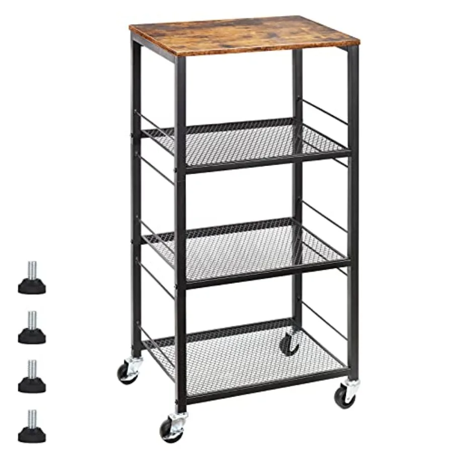 

Kitchen Baker's Rack Microwave Cart 4-Tier Island Serving Bar Cart on Wheel Industrial Wood End Side Table Storage Trolley Rack
