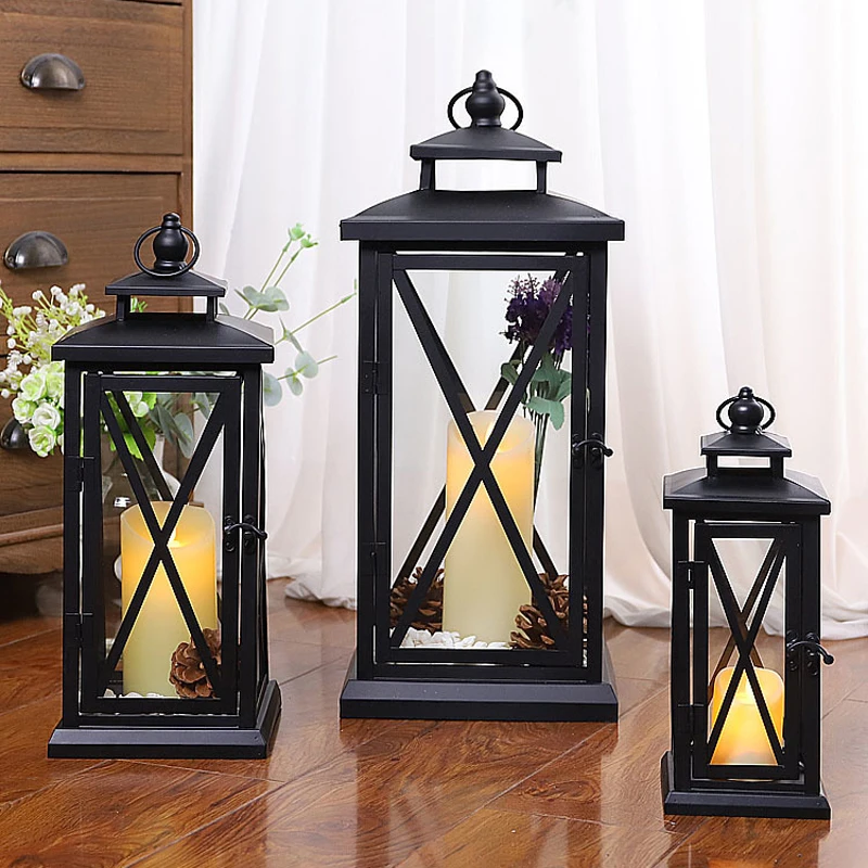 Large Glass Candle Holders Wedding Decorations Garden Black European Lamp Retro Iron Candle Holder Lantern Outdoor Christmas New