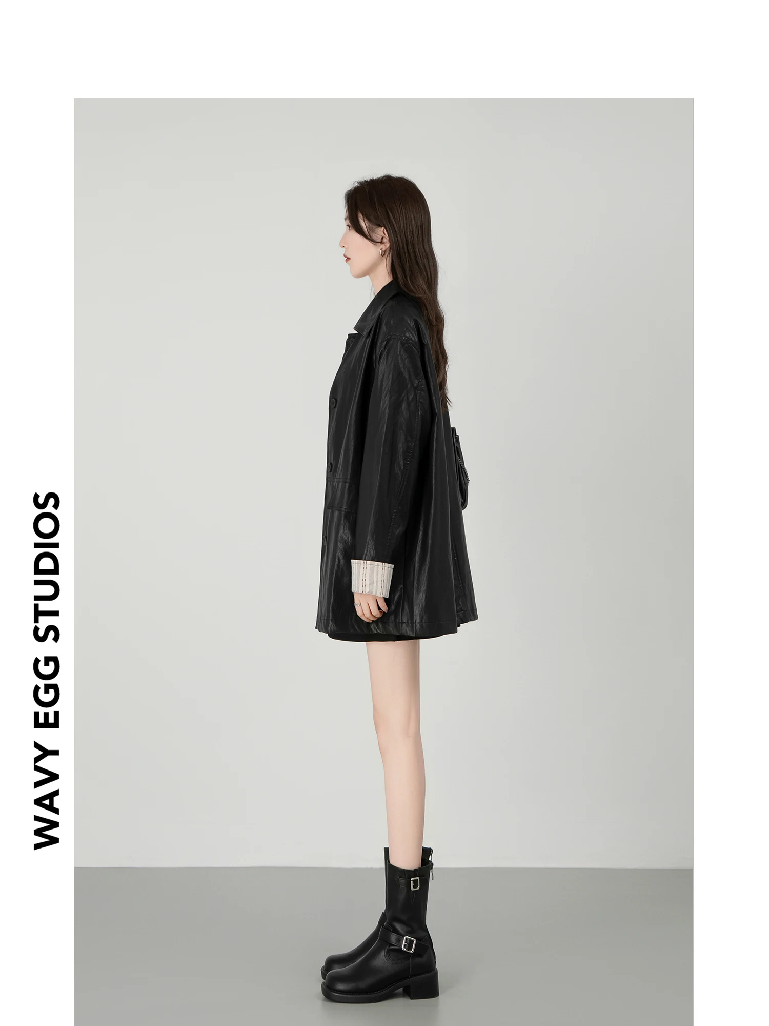 ウェーブイーグウェーブエッグ レディース ロングジャケット ブラ スプライシングレザーコート スリ 通勤 スレ 秋 ファッション アウターウェア