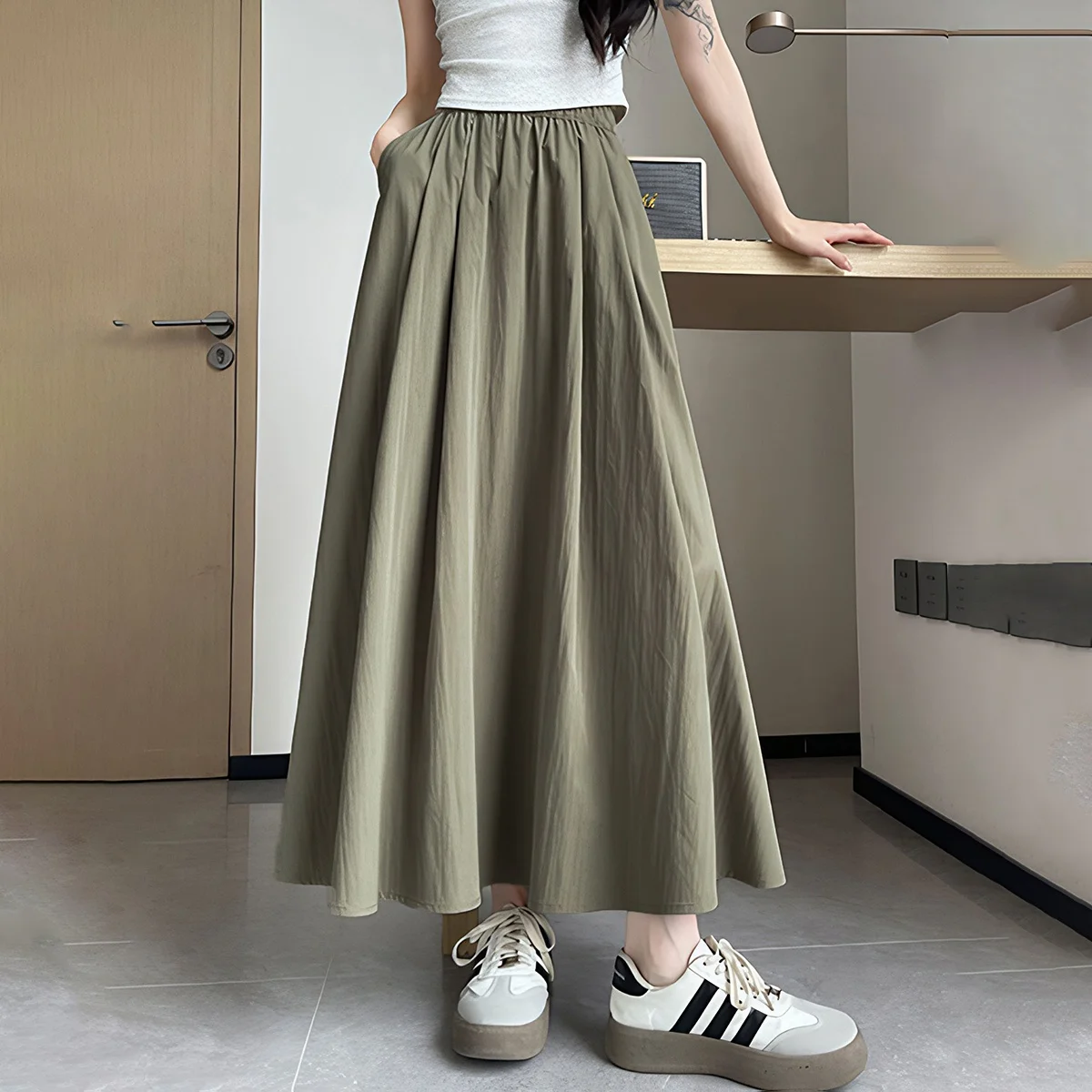 Summer High Waist A-Line Skirt Retro Solid Color Casual Half Skirt for Women Elegant Draped Skirts