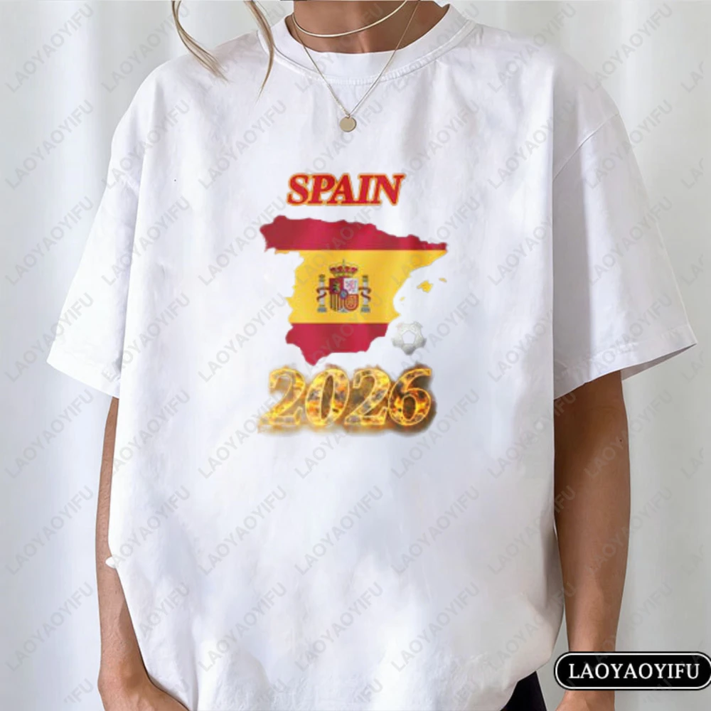 Spanish Soccer 2026 Graphic Tee Vintage Fashion Spain Map Flag Cotton T-Shirt for Men Women Patriotic Football Fan Casual Tops