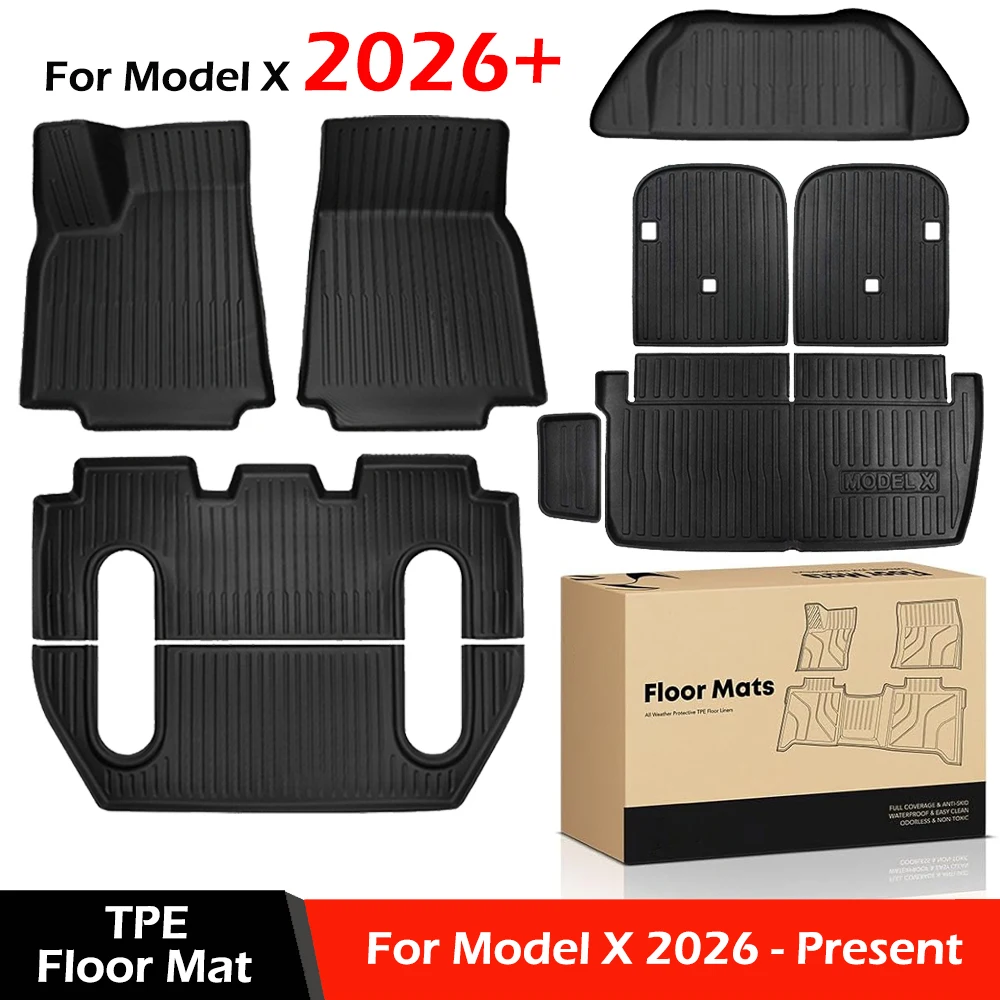 Conjunto de Tapetes TPE para Tesla Model X 2026 (5, 6 ou 7 Lugares) - Tapetes para Todas as Estações, Forro de Porta-Malas Dianteiro e Traseiro, Tapetes de Encosto
