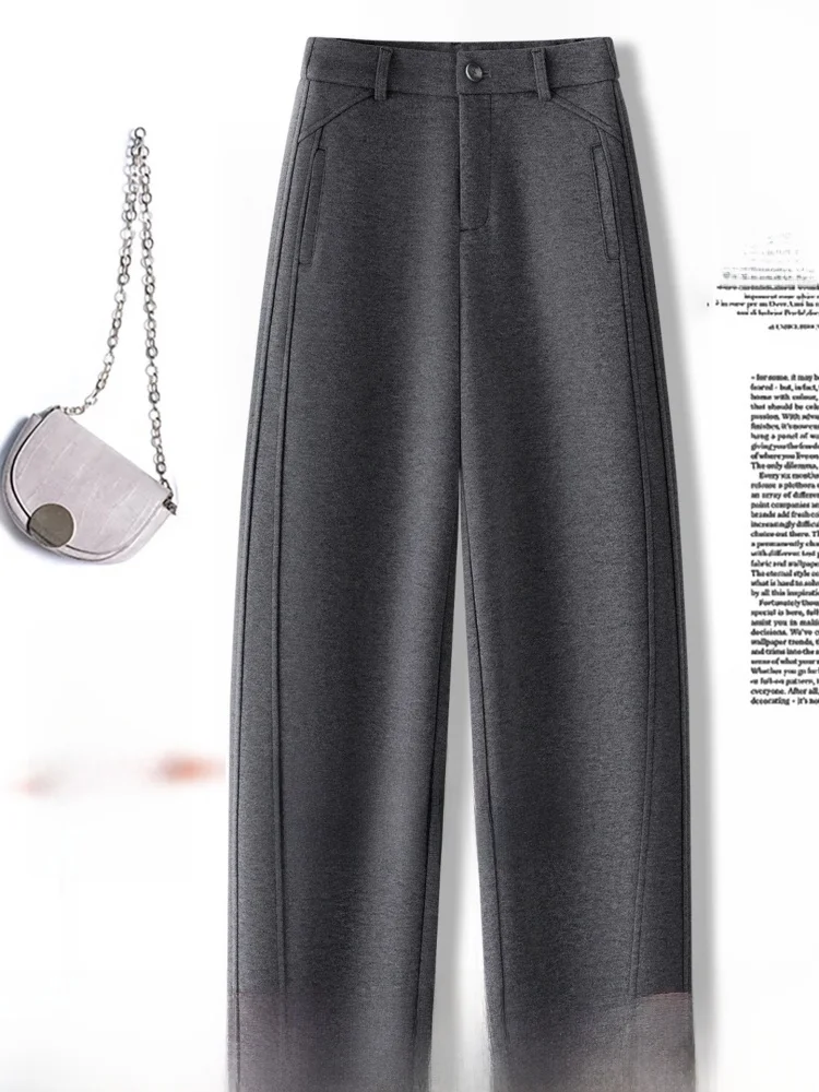 Calças Casuais de Perna Larga com Forro de Fleece para Mulheres, Cintura Alta, Corte Reto, Estilo Coreano, Detalhe Elegante