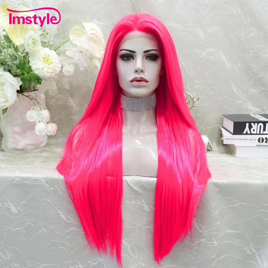 Imstyle-Perruque Lace Front Synthétique Rose Chaud pour Femme, Perruque Longue Droite Bleue, Perruques Cosplay, ix, Ligne de Cheveux Naturelle, Perruque Rose Néon