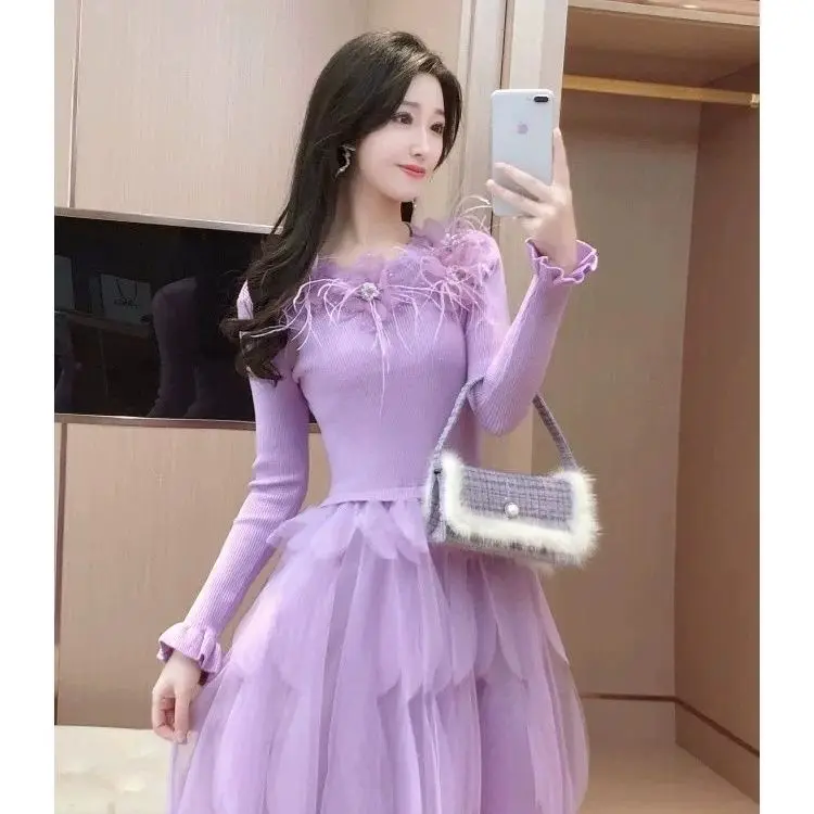 Elegant Embroidery Floral Knitted Maxi Dress Women Autumn Winter High End Brand Fashion Lady Slim Sweet Dress Party Robes C125
