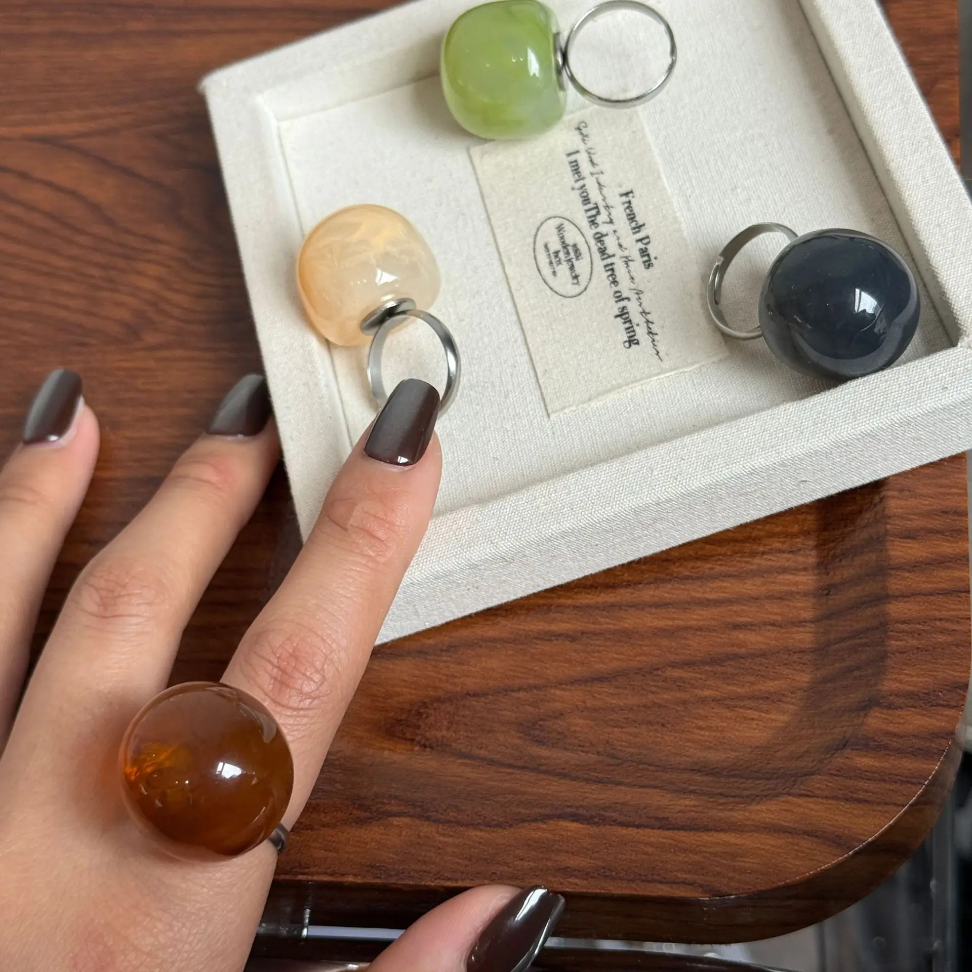 Stainless Steel Niche Chic Round Resin Colored Jelly Stacked Ring Women's Summer Fresh Index Finger Ring Women