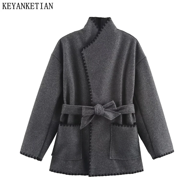 KEANKETIAN 2025 Primavera delle nuove donne linea luminosa decorazione cappotto di lana Office Lady con tasche per cintura colletto alla coreana soprabito Top